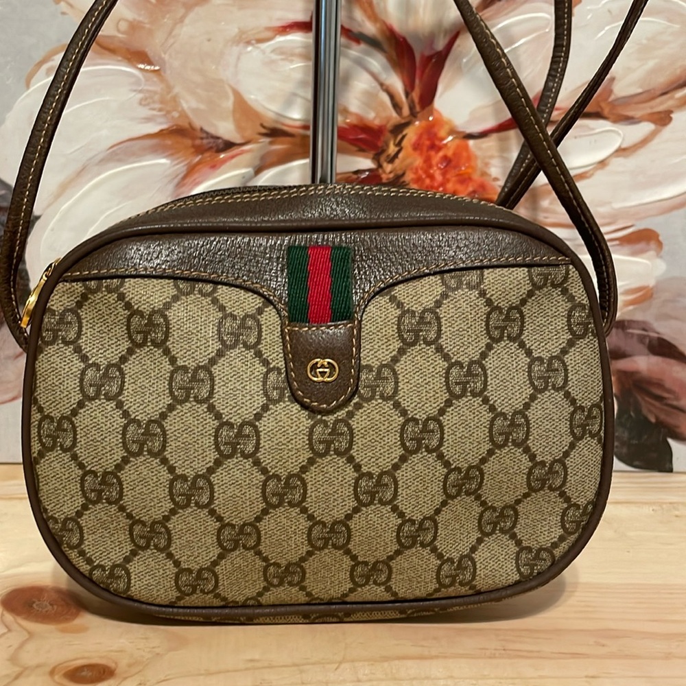 Gucci Brown GG Canvas Crossbody with Green and Red Web